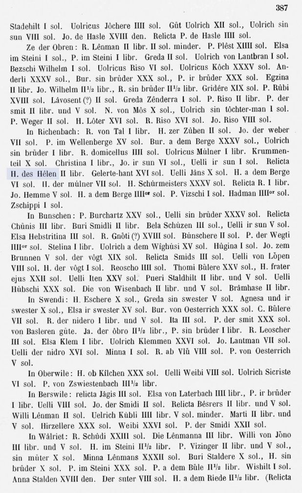 Seite 2 des Dokuments mit der ersten Erwähnung des Familiennamens Hählen/Hehlen aus dem Jahre 1323